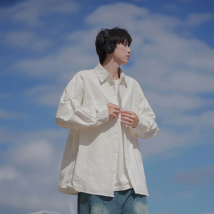 港仔文艺男日系白色衬衫男款秋季男生宽松休闲长袖工装白衬衣外套
