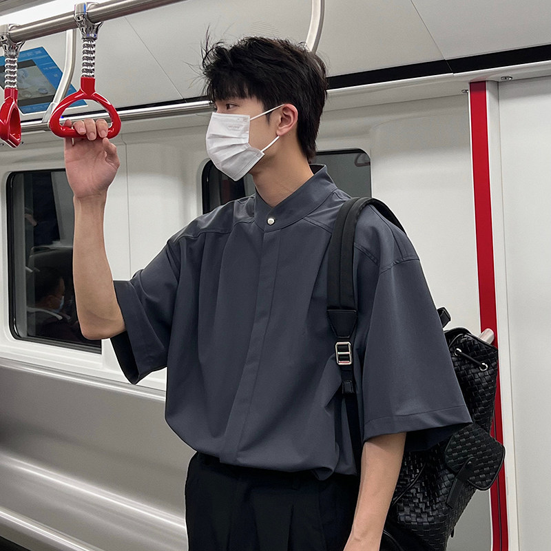 夏季新中式男装痞帅衬衫男短袖潮牌宽松百搭上衣city boy休闲衬衣