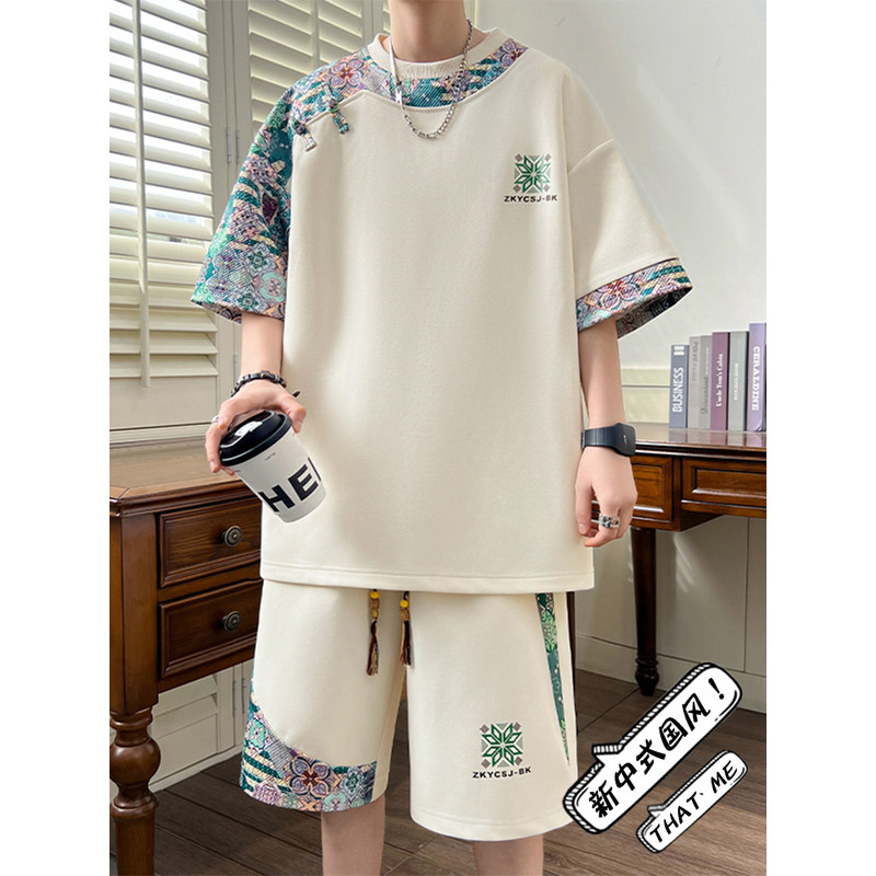 新中式国风短袖t恤男夏季冰丝休闲运动套装男青少年一套搭配帅气