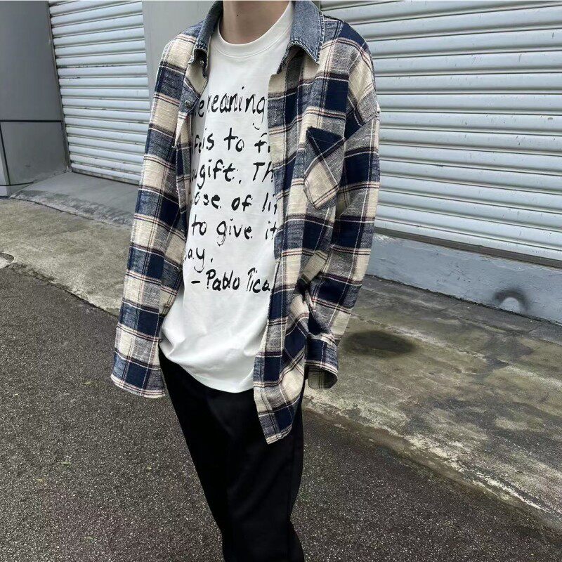 RTImfd十字架蓝色格子牛仔领拼接衬衫复古欧美OS水洗磨毛衬衣外套
