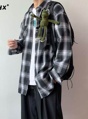 黑白格子衬衫长袖男春秋2026新款高级感男生宽松潮牌休闲衬衣外套