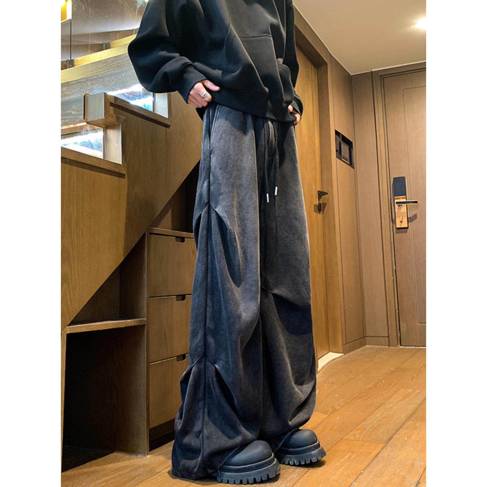 卫裤男春秋季水洗宽松直筒拖地裤大码裤子高个子加长运动休闲长裤