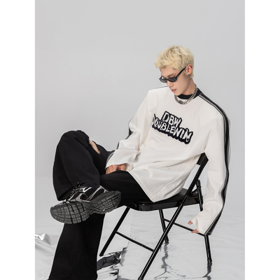 DBW Doublewin小众垫肩拼接宽松长袖T恤男秋季设计感重磅圆领卫衣