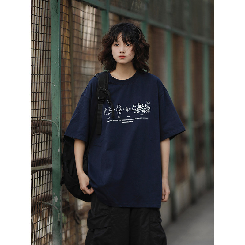 阿于呆 夏季日系复古趣味卡通印花T恤宽松圆领休闲潮流短袖男女