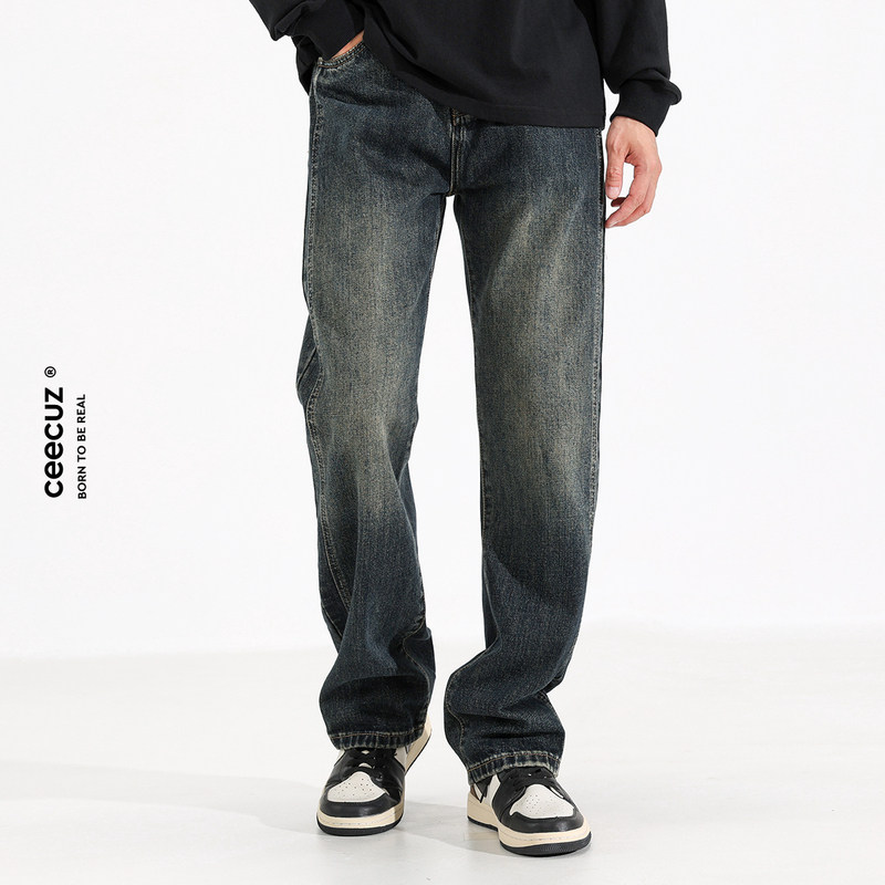 Ceecuz美式复古cleanfit直筒牛仔裤子男春夏新款宽松阔腿休闲长裤