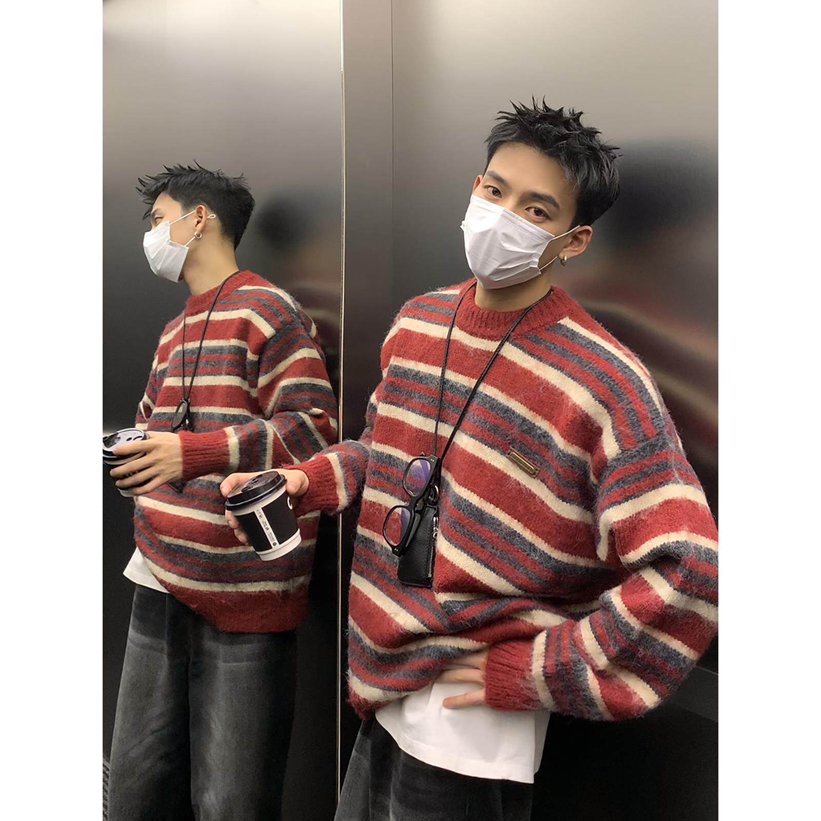PLTH*美式复古条纹撞色圆领宽松马海毛毛衣男慵懒秋冬针织衫打底