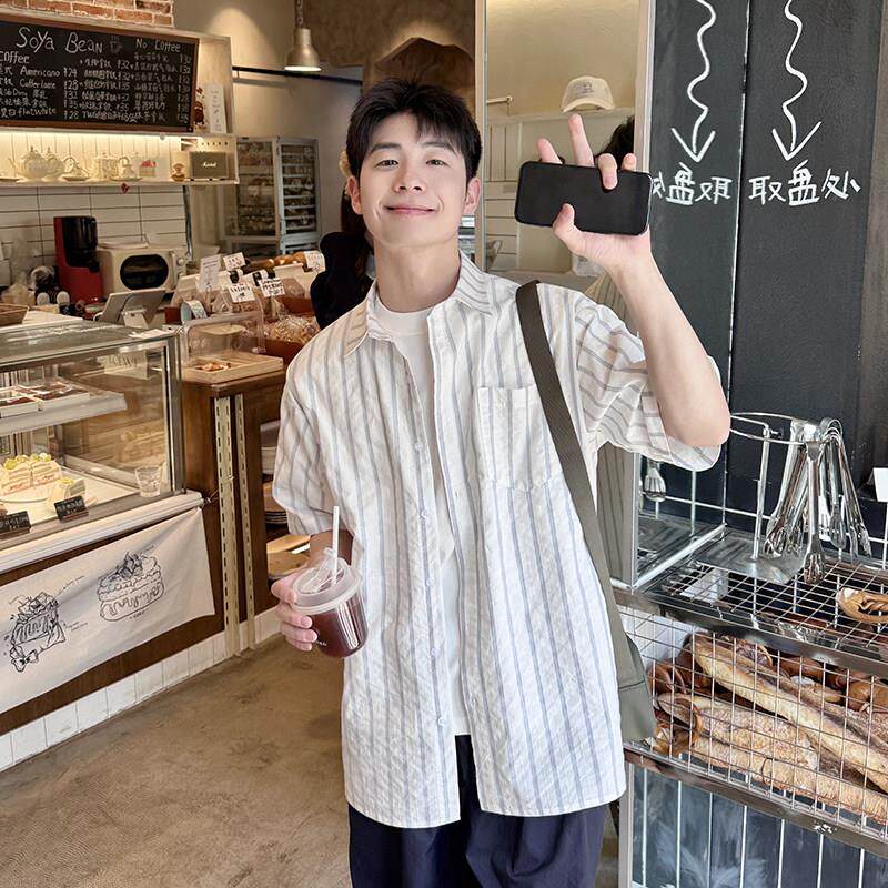 白色条纹衬衫短袖男生2026新款夏季百搭宽松休闲 衬衣上衣全棉
