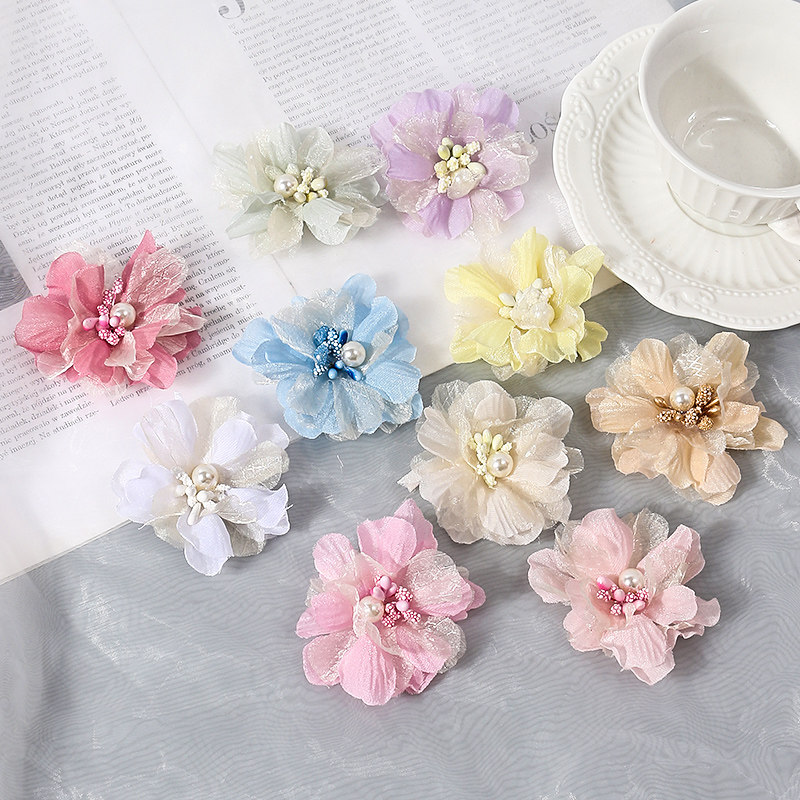 立体布艺珍珠纱花 假花DIY手工材料服装头饰鞋子配件草帽花辅材