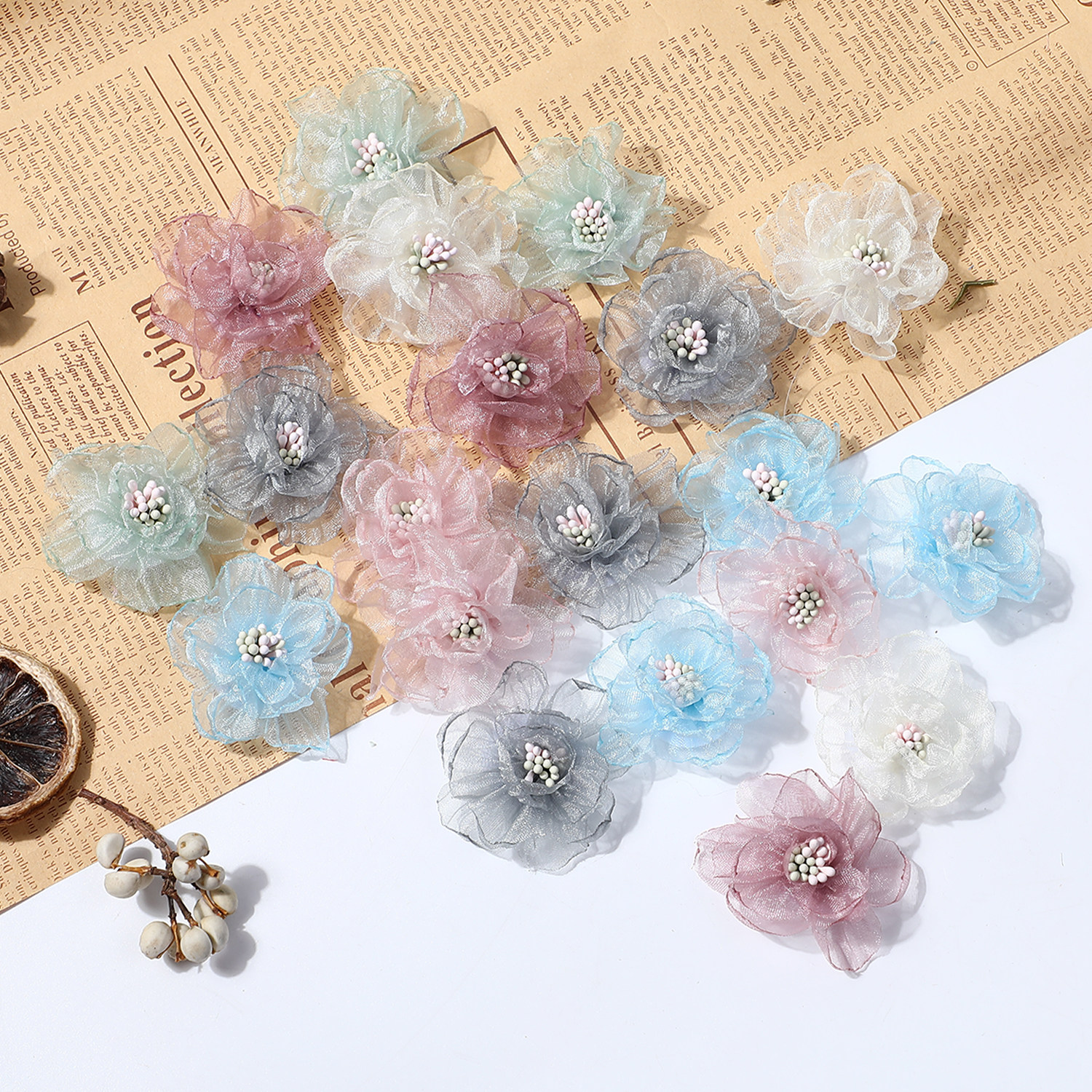 仿真小清新色纱花 假花 diy手工汉服发饰服饰制作材料 婚礼道具