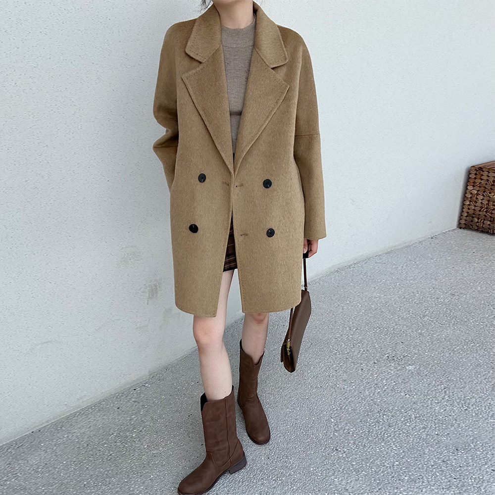 双面羊绒大衣女2025新款冬季加厚宽松大码胖mm中长款毛呢西装外套