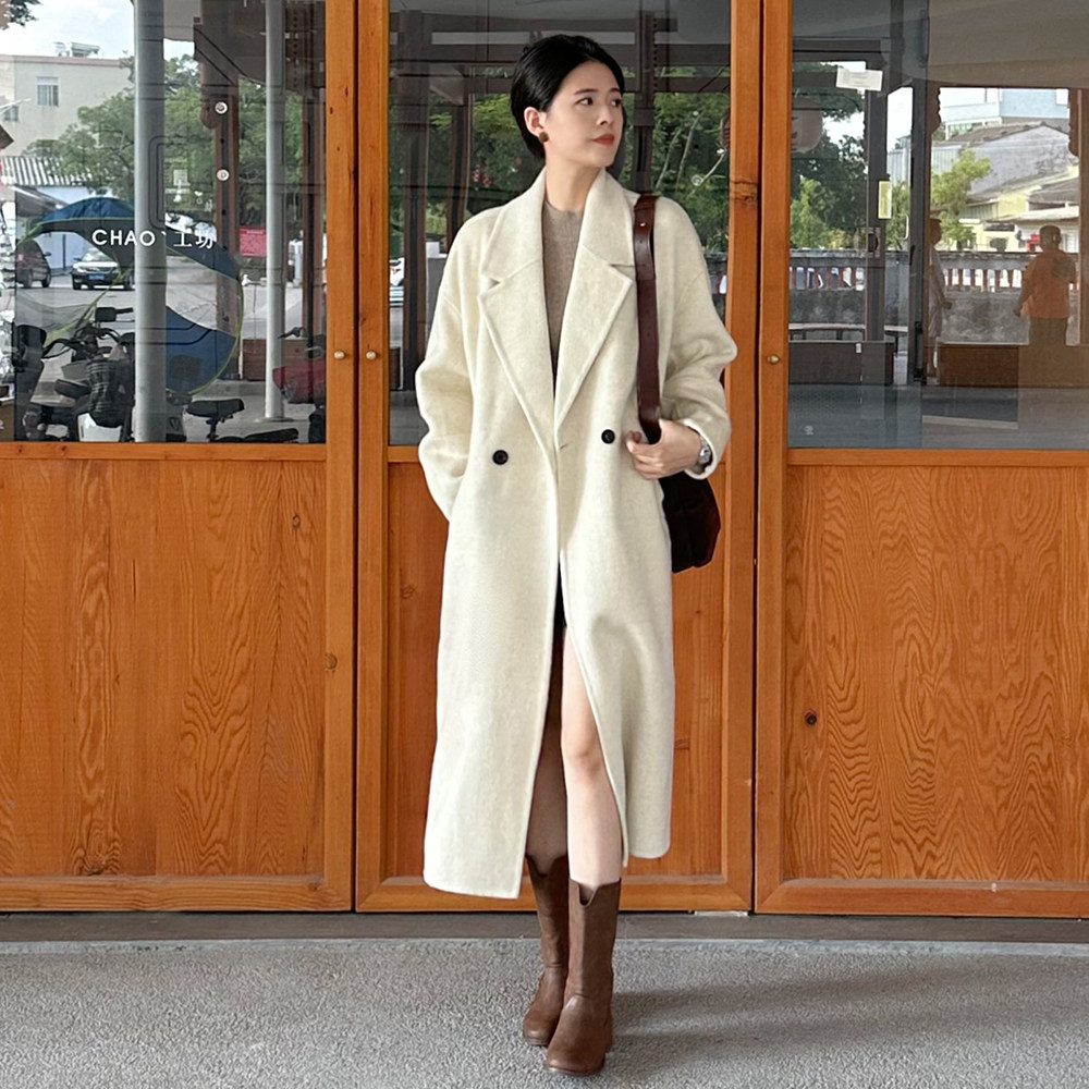 白色双面羊绒大衣女2025新款秋冬季加厚韩系小个子羊毛呢西装外套