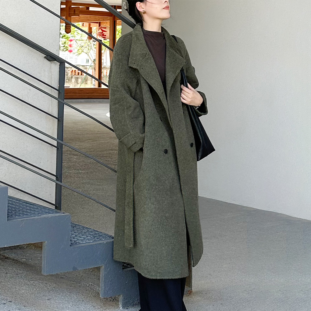 绿色双面羊绒大衣女中长款2025秋冬新款小个子宽松羊毛呢西装外套