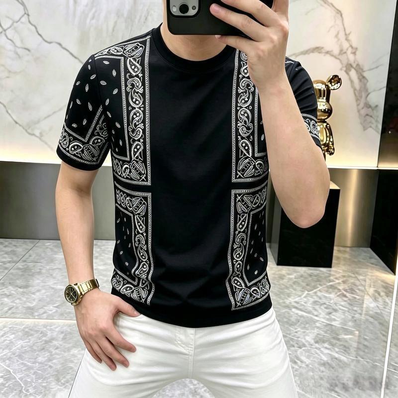 北嘉服饰欧货潮款男士复古印花时尚透气花色圆领修身短袖T恤休闲