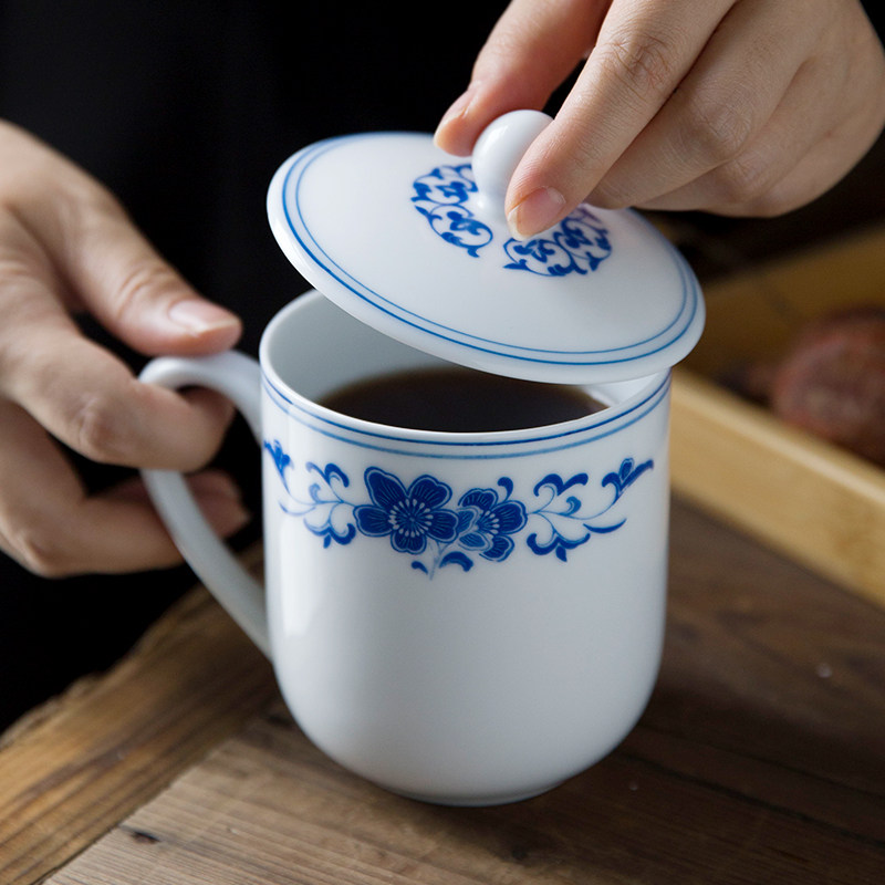 湘醴窑醴陵陶瓷茶杯中式釉下彩办公室杯带盖会议杯子刻字定制logo
