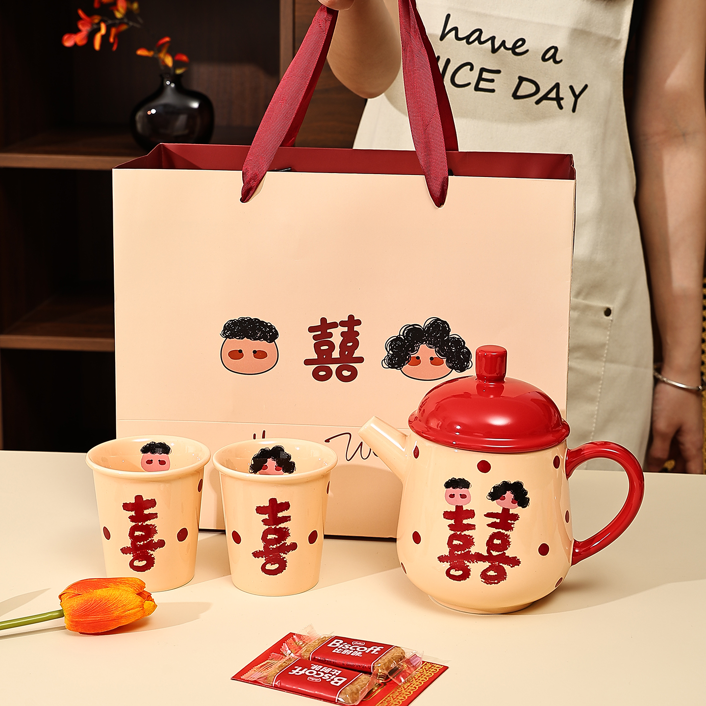 熊谷组中式喜庆陶瓷茶壶套装