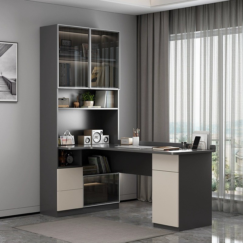 转角书桌书架一体实木电r脑桌家用学习桌带书柜组合定制玻璃门书