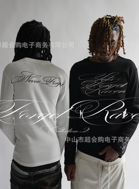 y2k时尚复古哥特风潮流圆领印花长袖修身显瘦纯色t恤上衣