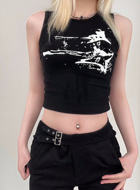 欧美夏秋季新款修身休闲个性 吉他印花图案街头潮流套头 露脐背心