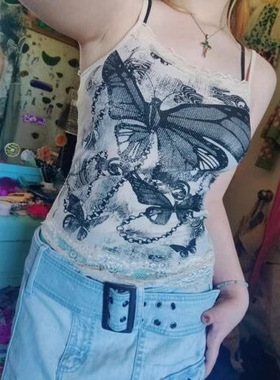 纯欲辣妹风美式复古千禧印花吊带背心y2k蕾丝修身显瘦内搭上衣