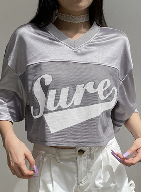 欧美街头字母图案印花套头网布拼接五分袖T恤宽松V字领运动短上衣