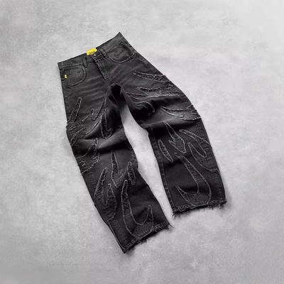 跨境电商宽松阔腿美式复古国美国高设置复古黑色拼凑洞牛仔裤嘻哈