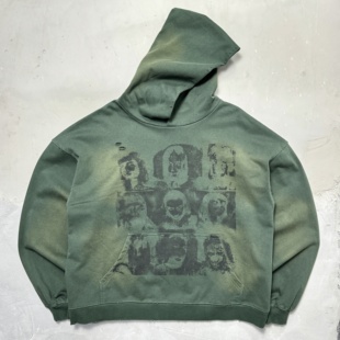 Far Archive抽象人脸印花重磅做旧洗水帽衫高街宽松男女套头卫衣