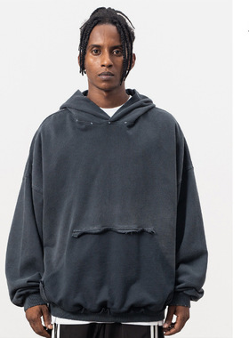 澜海男装2025秋冬新款巴黎光板卫衣洗水重磅复古做旧磨破连帽卫衣