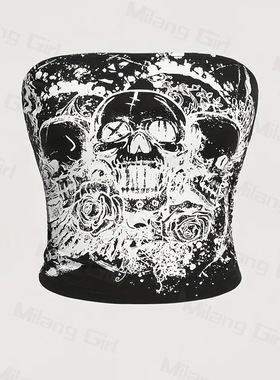 欧美夏秋季新款 个性 骷髅头暗黑万圣印花露脐超短款修身抹胸背心