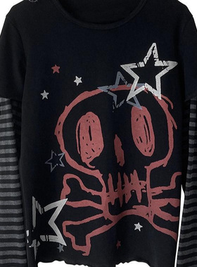 欧美跨境新款y2k修身朋克街拍辣妹骷髅头黑色设计感休闲长袖T恤女