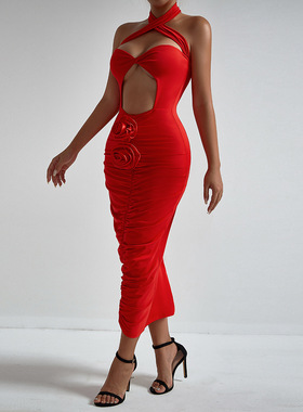 时尚花朵交叉挂脖镂空性感显胸连衣裙欧美气质度假风褶皱包臀裙女