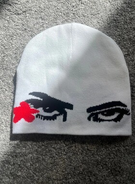 欧美秋冬潮流中性新款抽象个性眼睛花朵提花图案翻边保暖针织帽子