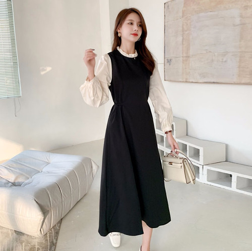 大码女装2025假两件春秋连衣裙女韩版简约赫本风收腰显瘦小黑裙潮