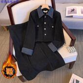 大码 Polo领加绒连衣裙两件套 气质拼接显瘦新中式 秋冬季 胖妹妹时尚