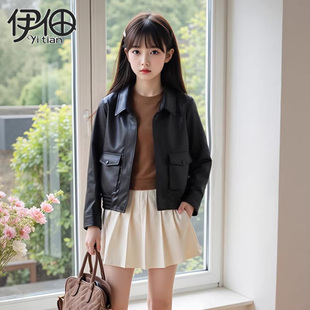 女童皮衣外套2026春季新款儿童上衣复古黑色夹克小女孩短款春装潮