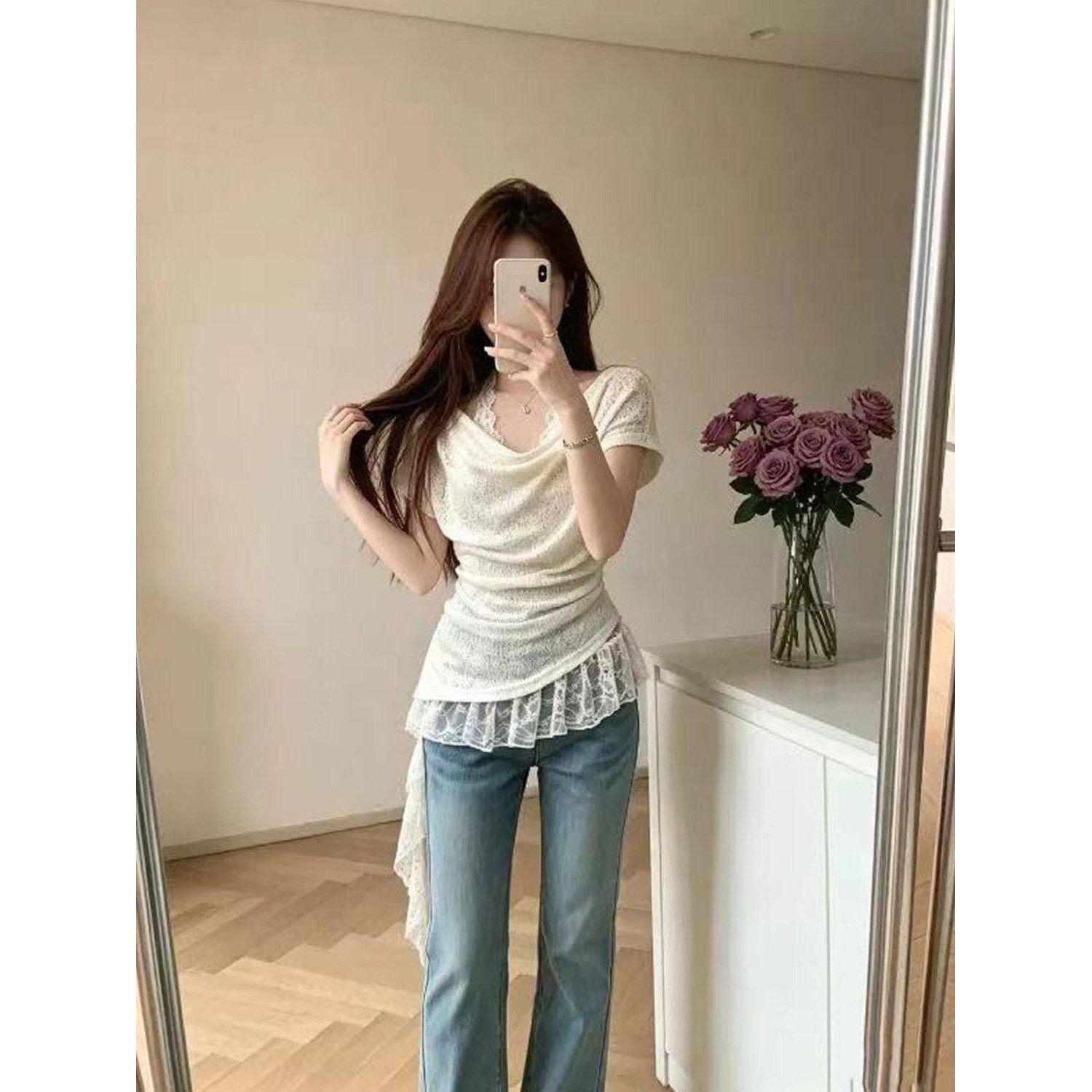 大码胖MM蕾丝吊带荡领短袖T恤女夏季2026新款真两件显瘦百搭上衣