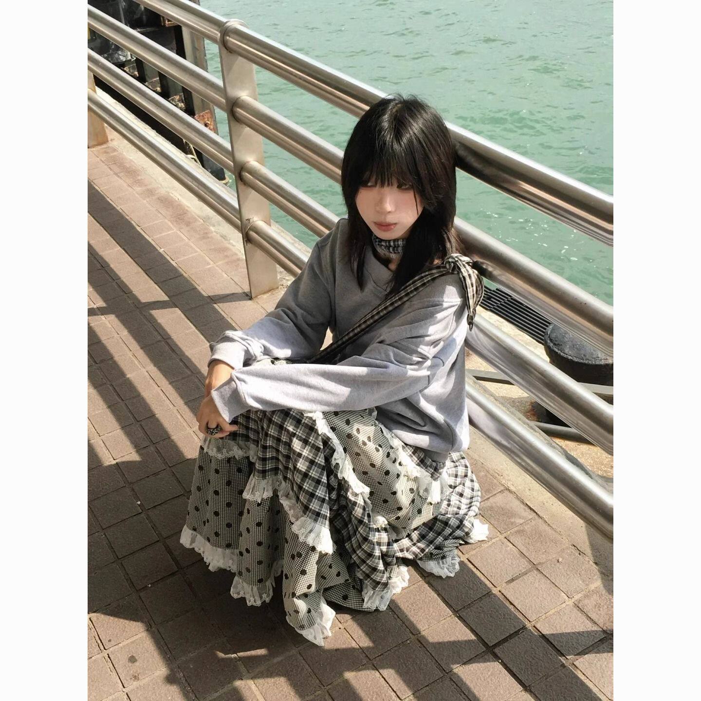 大码胖MM多层花边格子半身裙女早春百搭日系大摆拼接A字中长裙子