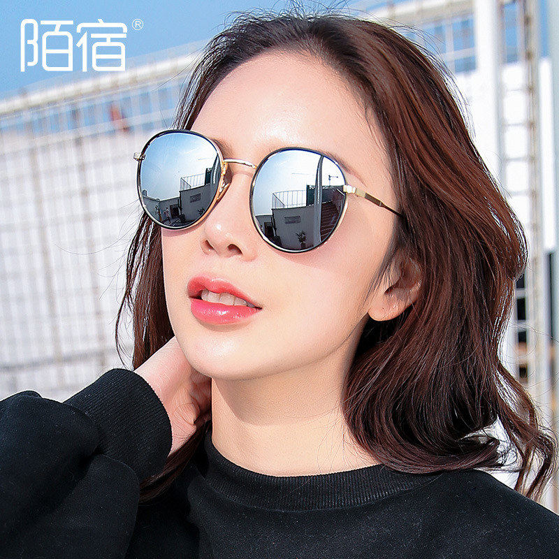时尚复古街拍女士偏光太阳镜潮流女圆潮牌太阳眼镜陌宿金属