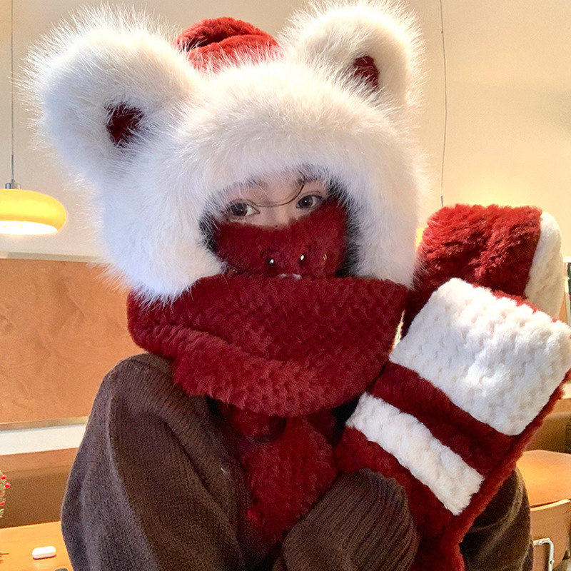 可爱小熊毛绒帽子女显脸小冬季围巾手套一体保暖护耳骑车防风帽,服饰配件/皮带/帽子/围巾,帽子,淘宝优惠券,粉丝福利购,淘宝优惠卷