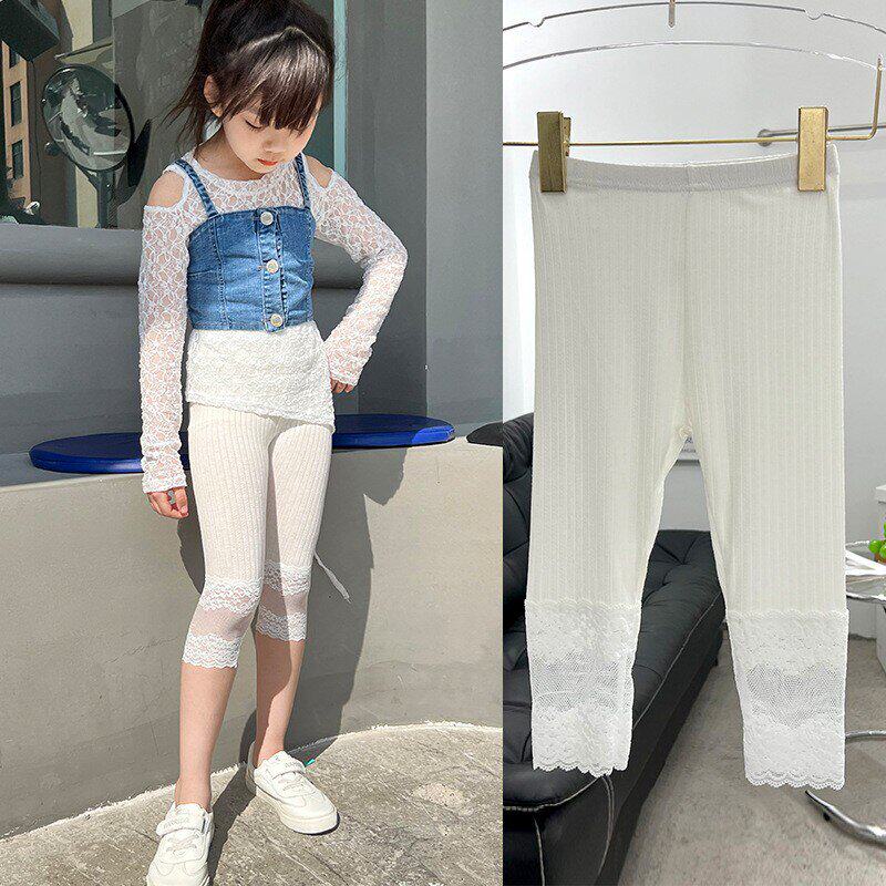 儿童打底裤夏季薄款七分裤蕾丝拼接女童莫代尔宝宝修身裤子光腿