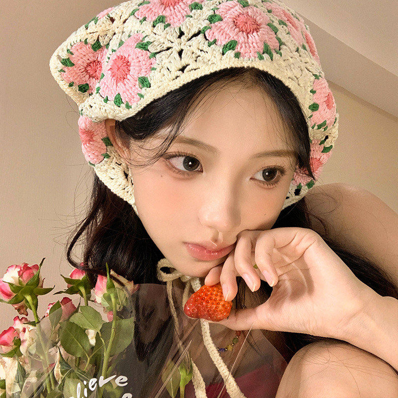 氛围感海边碎花针织三角头巾女包头法式复古田园风绑发发带拍照