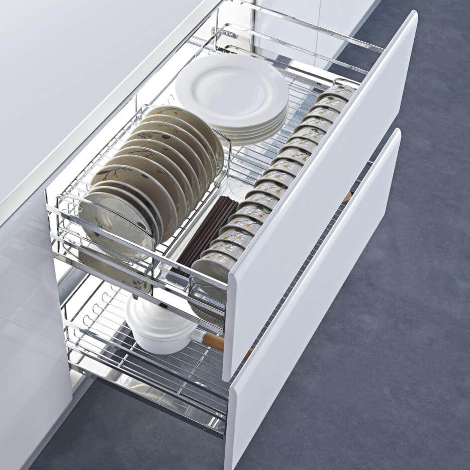 直播威万事拉篮碗篮厨房橱柜不锈钢方钢双层阻尼碗架碗碟拉篮k16