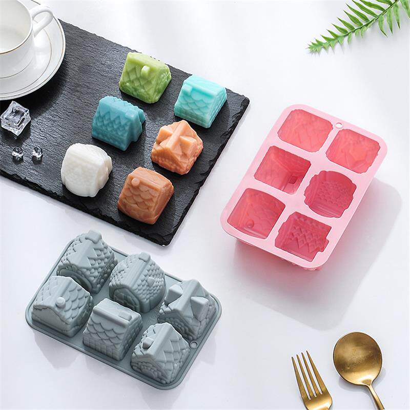 新品  6连不同立体房屋造型模具硅胶蛋糕模手工皂滴胶巧克力模具