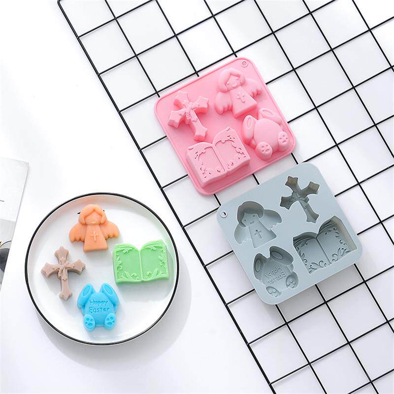 新品 4连复活节十字架天使圣经兔子硅胶模具万圣节日蛋糕烘焙模具