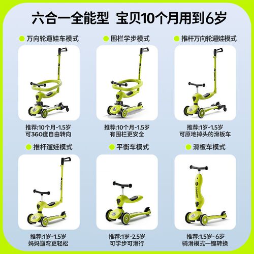 COOGHI/酷骑小绿车六合一儿童滑板车1-6岁宝宝婴儿学步车遛娃神器