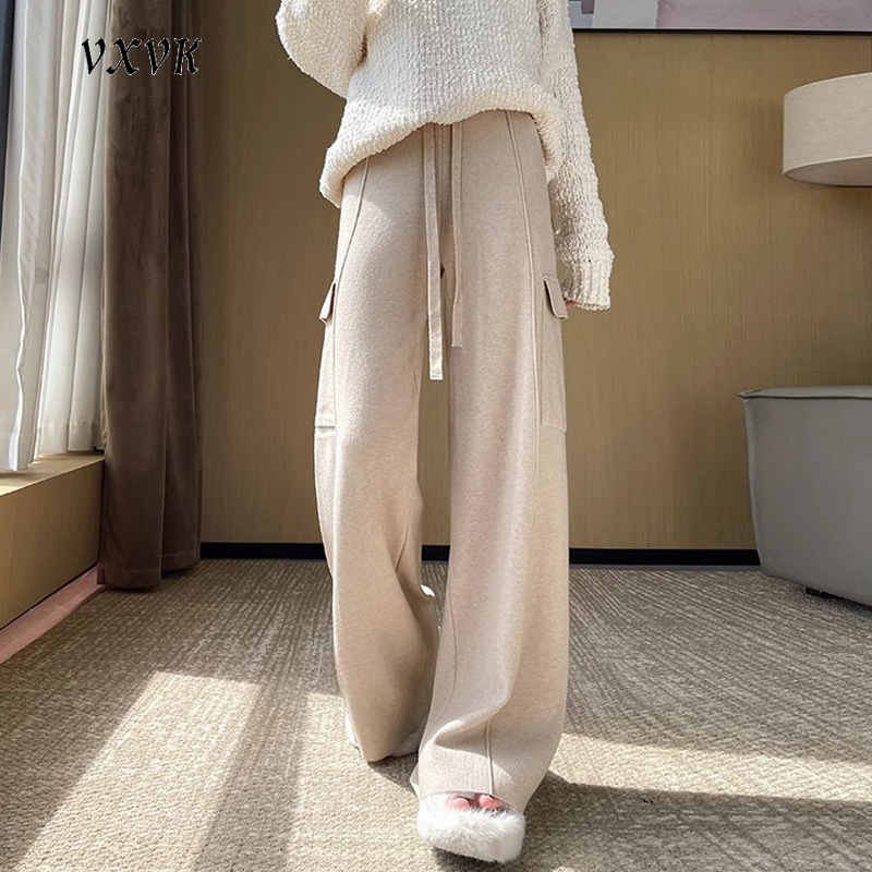 秋冬跨境新款高腰宽松垂感显瘦阔腿裤窄版休闲裤软糯针织工装裤女