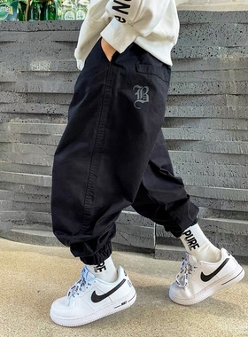 男童黑色百搭工装裤2025新款儿童裤子春秋款中大童宽松灯笼裤炸街