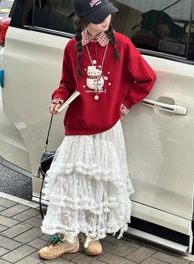 女童加绒卫衣秋冬2025新款儿童韩系穿搭大童红色本命年新年上衣秋