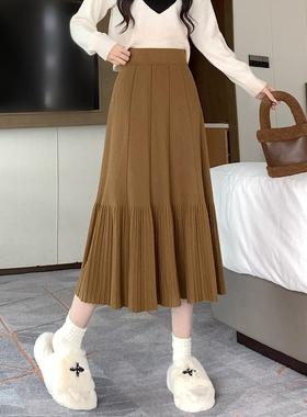 秋冬新款高腰显瘦中长款伞裙设计感大摆百褶裙子灰色针织半身裙女