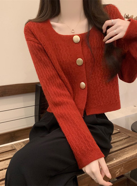早秋小个子毛线衣外套安可雷穿搭小香上衣红色方领短款针织开衫女