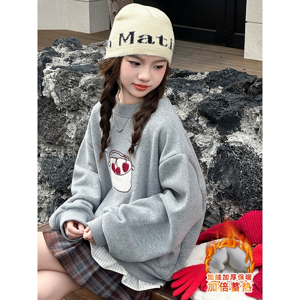 女童秋冬加绒卫衣2025新款洋气儿童一体绒加厚小女孩冬季圆领上衣